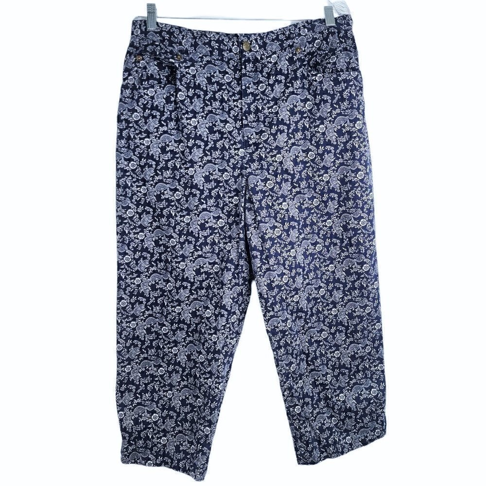 Evan Picone Plus Navy and White Dainty Floral Capri Twill Denim Jeans